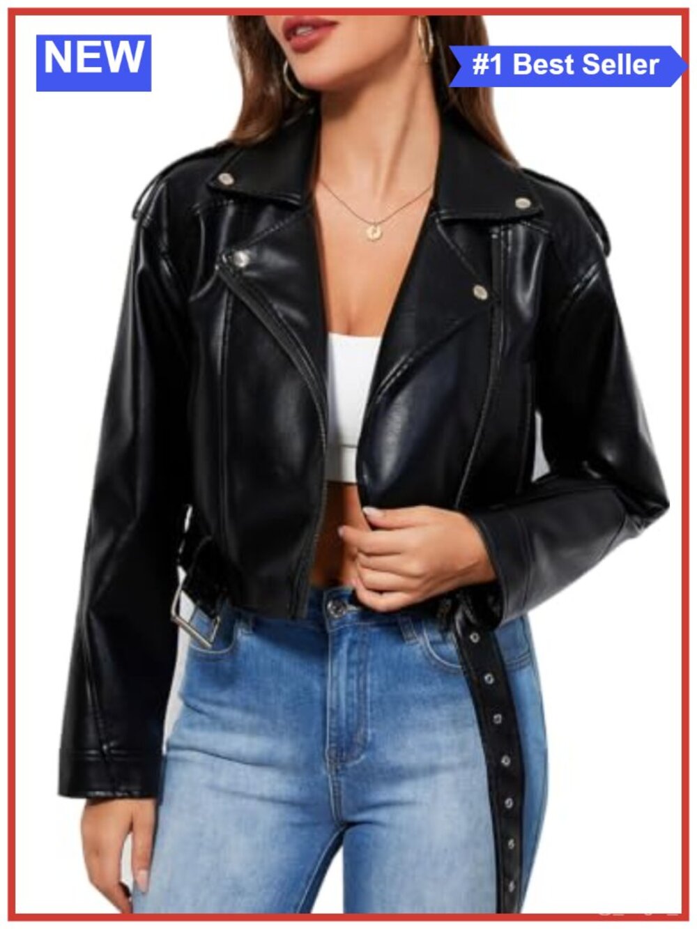 Faux Leather Moto Biker Jacket Crop Rivet Belt PU Outerwear